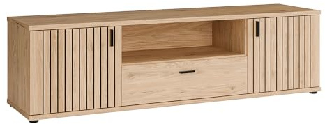 Forte VERNIQ TV-Schrank 160, Scandi-Stil Lowboard, 2-türig, 1 Schublade, Lamellendetails, Holzwerkstoff, Wildeiche Natur Holzdekor, 159,5 cm breit x 44,7 cm hoch x 41,4 cm tief