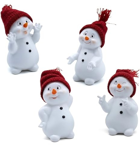Kunststein Schneemann Figur 13 cm mit roter Strickmütze - 4er Set - Polyresin Schneemänner Dekofigur zum Hinstellen - Weihnachten Advent Winter Tisch Deko Aufsteller Weihnachtsdeko Winterdeko