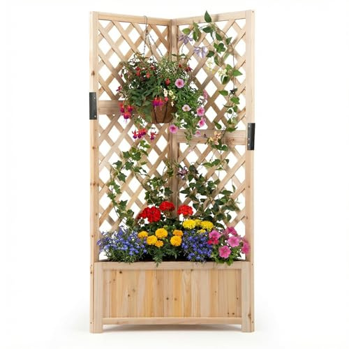 COSTWAY Blumenkasten mit Rankgitter, Pflanzkasten Eck aus Holz, Pflanzkübel mit Sichtschutz, Hochbeet mit Spalier & Drainageloch, Blumenkübel für Kletterpflanzen Garten Hof Balkon, 55x55x140 cm, Natur