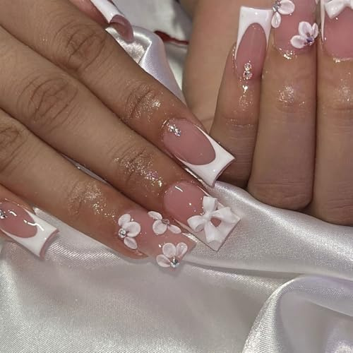 TESGADGETS 24 pièces Ongles artificiels carrés de taille moyenne à embout français blanc avec motif floral et noeud à coller Brillant acrylique couverture complète
