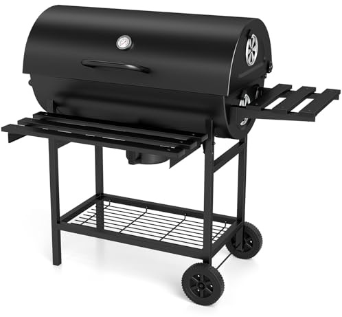 TANGZON Charcoal Barbecue Grill, Barrel Drum BBQ Trolley with Temperature Gauge, Adjustable Vent, Grid Shelf & Wheels, Powder Coated Steel Outdoor Portable Smoker (with Ash Box, Front & Side Table)