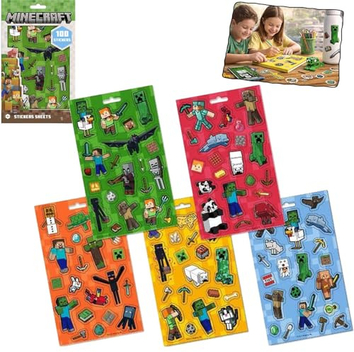 5Pk Minecraft Sticker Sheets, Self Adhesive Colorful Minecraft Stickers 100 Pieces for Kids, Easy Apply Craft Decals for Scrapbooking, Notebook Decoration, Party Back to School Supplies