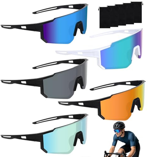 DAJASD Schnelle Brille Rave, 5 Stück Fahrradbrille Herren Damen, Sport Sonnenbrille, UV400 Schutzbrille, Polarisiert, Winddicht für Herren Damen für Angeln Rennrad Sport