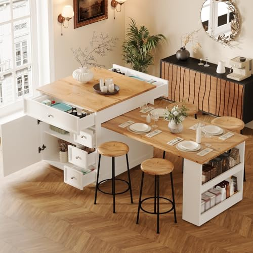 YEHTOKHOME Isla Central Cocina con encimera extensible 120-184 cm, mesa de bar con almacenamiento, 5 cajones y estantes ajustables, para 4-6 personas comedor (blanco)