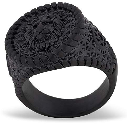 Akitsune Imperator Ring | Design-Ring Frauen Herren Edelstahl Groß Löwe König Siegel - Schwarz - US 9