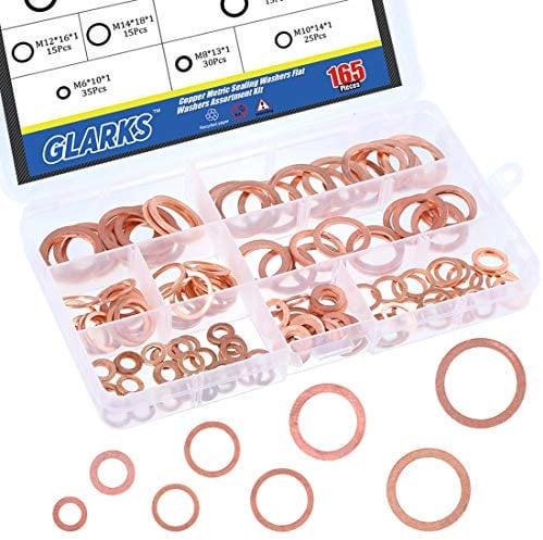 Glarks Juego de 165 arandelas de sellado de cobre con anillo plano métrico, 8 tamaños de M6 M8 M10 M12 M14 M16 M18 M20