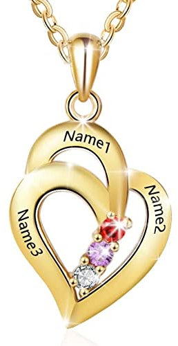 Lam Hub Fong Personalisierte halsketten für frauen silber mit Herz anhänger halsketten mit 3 namen personalisierte schmuck für frauen (golden)