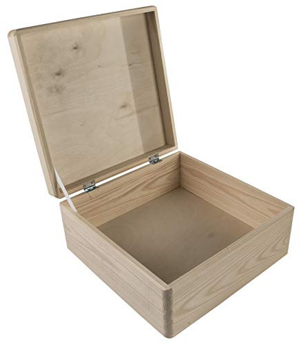 WooDeeDoo Square Wooden Box with Hinged Lid 30 x 30 x 14 cm – Plain Pine Craft Storage Chest for DIY Decorating Keepsake Memory Box 9L - Personalised Gift Decorative Unfinished Wood Organiser