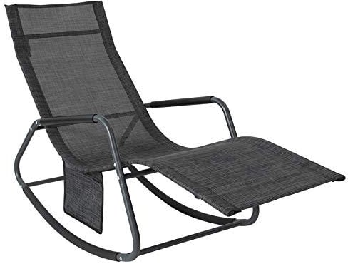 SoBuy Gartenliege Sonnenliege Outdoor Schaukelstuhl mit Seitentasche Liegestuhl für Gärten, Höfe, Strände, Balkone Relaxliege Schwungliege Schwarz/Grau 143x85x57 cm OGS47-MS