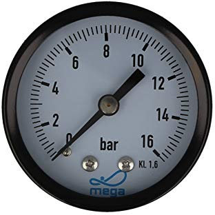 MEGA Druckmanometer 0-16 bar - 1/4 Zoll Anschluss nach Hinten Axial Ø 50 mm