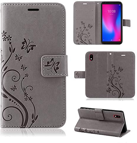 betterfon Hülle Kompatibel mit ZTE Blade A3 (2020) | Premium PU Leder Handyhülle Wallet Case für Blade A3 (2020) | Schutzhülle Blumen Klapphülle Handyhülle | Grau