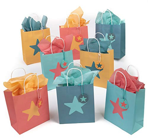 Happy Go Wrappy Friendly Star Pattern Kraft-Style Gift Bags with Tissue Paper and Tags. Pack of 8 Bags