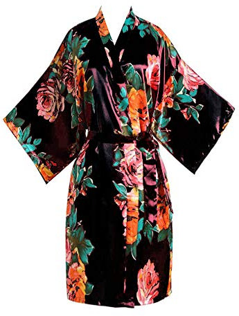 Robe de chambre kimono ample en satin pour femme Taille 36-52, A-Rose Noir, 42-44