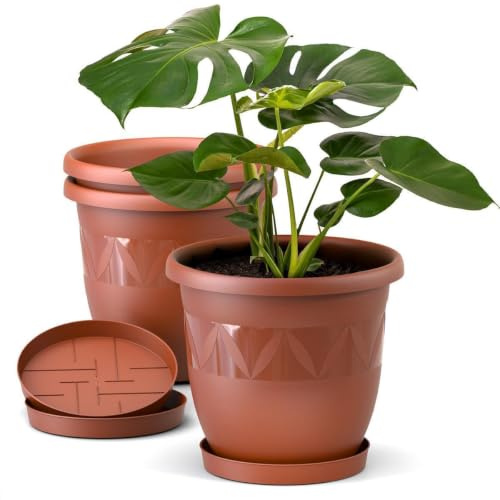 Plastard Blumentopf 3er Set Ø24 cm mit Untersetzer Terrakotta – Pflanzkübel | Witterungs- UV- & frostbeständig, inkl. 18 cm Untersetzer, ideal für Garten, Balkon & Innenbereiche, Deko Pflanztopf 5 Liter