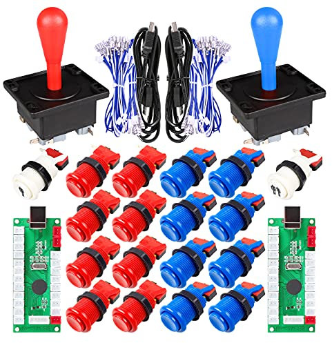 EG STARTS Juego de arcade para 2 jugadores, kit de bricolaje, elipse, ovalado, tipo Happ, joystick Hanlde + 18 botones de estilo americano Arcade botón de inicio de 1/2 jugadores (rojo y azul)