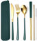 AARAINBOW Travel Utensil Set 6 Pieces, 18/8 Stainless Steel Flatware Set Portable Reusable Cutlery Set with Chopsticks Knife Fork Spoon Straws Cleaning Brush Dishwasher Safe (Green Golden)