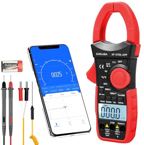SURLABA Digitale Clamp Meter, AC DC Bluetooth Pinza Amperometrica TRMS, 6000Count NCV Tensione Corrente Multimetro APP Support, Volt Amp Meter con Resistenza Capacità Continuità Temperatura Diodo Hz