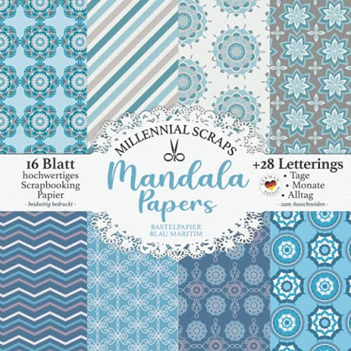 Mandala Papers BASTELPAPIER BLAU MARITIM: Scrapbooking Decoupage Papier & Junk Journal Zubehör I Zum Ausschneiden I Mit Letterings I Karten Basteln DIY Geschenk I Tagebuch Deko