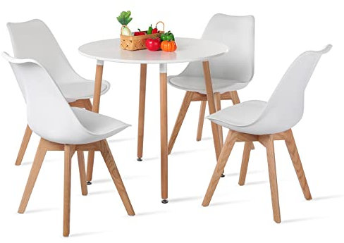 H.J WeDoo Esstisch Rund mit 4 Eiche Stühlen Küchentisch Wohnzimmertisch Holztisch Tisch Set für Wohnzimmer Küche Büro Weiß