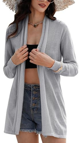Gyabnw Leichte Sommer Strickjacke Cardigan Damen Dünne Strickjacke Leicht Open Front Sommerjacke Grau,L