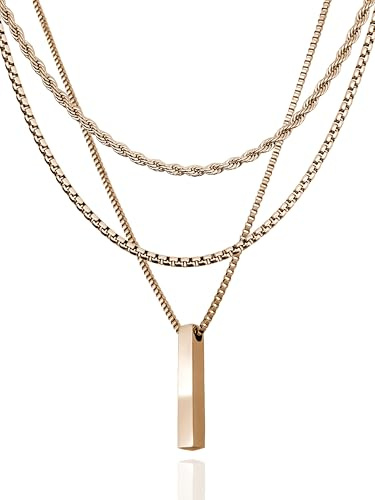 RUGGED steel - Damen Edelstahl Statement Ketten Set 3 Halsketten + Stab Anhänger Layering Look (inkl. Schmuck-Box)