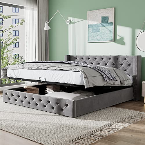 FEZTOY Polsterbett Doppelbett 180x200, Hydraulisches Funktionsbett Bettunterseite - Ohrenform Kopfteil/Knopfnähte/Flanell-Stauraumbett Bett Modernes Bettgestell mit Stauraum, Grau