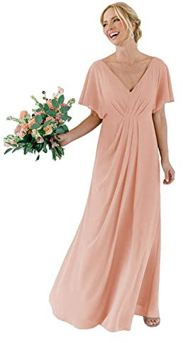 WSEYU Robes de demoiselle d'honneur longues à col en V avec manches courtes en mousseline de soie plissée avec poches C123, rose poudré, 34
