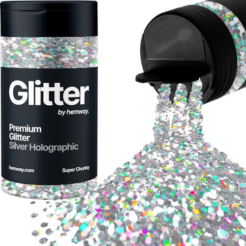 Hemway Premium Glitter Shaker - Silver Holographic | Super Chunky Metallic Flake Sequins for Resin & Epoxy Crafts | Craft Supplies for Tumblers, Festival, Hair, Face, Body, Eye & Nail Art | 115 g