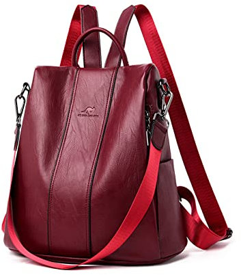NICOLE & DORIS Damen Rucksäcke Anti Diebstahl Rucksack PU Leder Rucksackhandtaschen Daypack wasserdichte Schulrucksack Multifunktions Schultertasche Travel Rucksack Burgundisch