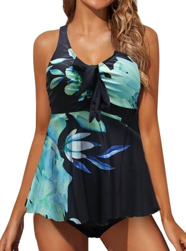 JFAN Maillot de Bain Femme 2 Pieces Tankini Imprimé Floral Ensembles de Tankini Col en U Push Up Swimwear Grande Taille Gainant Ventre Plat Réglable Swimsuit avec Short，Imprimé Vert M