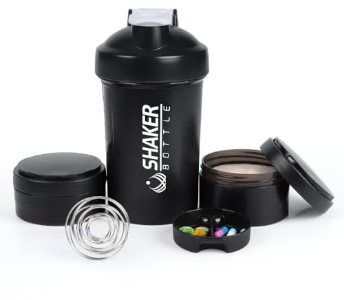 VECH Protein Shaker Bottle -16oz Shaker Cup - 500ml Shaker Bottle for Protein Shakes with Mixing Ball - Leak Proof GYM Shaker Bottles for Workout with Supplement Storage & Pill Tray -Bpa Free (Black)
