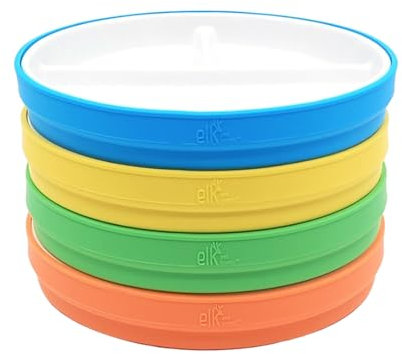 Elk and Friends Kids 7.8” Porcelain White Divided Plates with Silicone Sleeves | Suitable for Babies/Toddlers | Microwave & Dishwasher Safe | Non Slip Dinnerware | Snack Dishes | 4 Pack