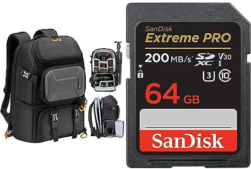TARION Kamerarucksack, Wasserdicht Fotorucksack Spiegelreflex DSLR Rucksack Kameratasche & SanDisk Extreme PRO SDXC UHS-I Speicherkarte 64 GB