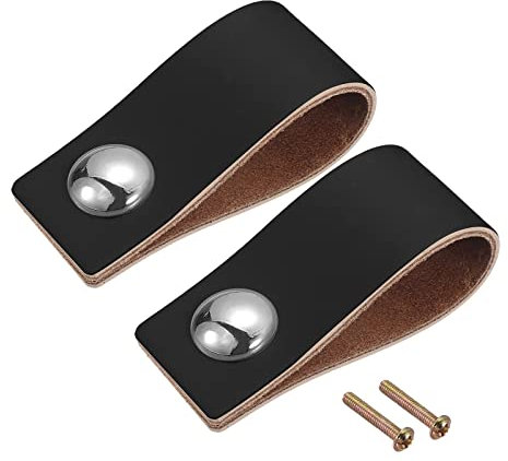 QUARKZMAN Leder Schubladengriffe 2.5 2Stk Leder Möbel Handgriffe Schubladenknöpfe Griffe mit Schrauben für Kommoden Schubladen Schrank Türen Schwarz/Silber