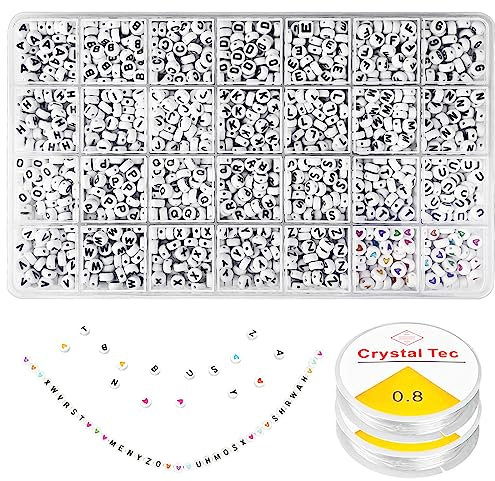 Relota 1400 Stück Perlen Zum Auffädeln 7 X 4 mm, A-Z Weiß Buchstabenperlen und Bunte Herz Perlen, Perlenset mit 2 Elastische Linie für Armbänder Selber Machen, Schmuckherstellung, Halsketten, Ringen