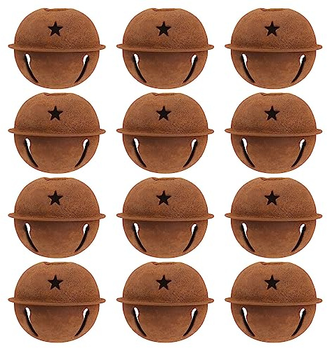 Ciieeo 12pcs Retro Rusty Bell Hollow Star Pattern Jingle Bells Christmas Rusty Metal Bells for Xmas Tree Home Decoration (4cm)