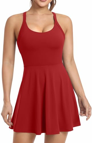 JAFINSY Damen-Workout-Tenniskleid mit integrierten Shorts und BH, athletische Golf-Sportbekleidung für Training, Easy Peezy - Rot, Klein