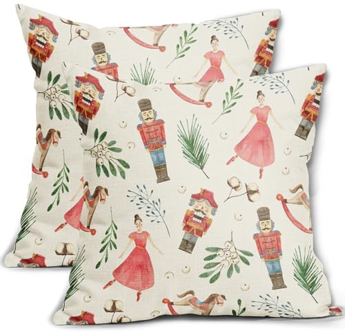 Christmas Nutcracker Pink Pillow Covers 18x18 Inch Set of 2, Winter Holiday Rustic Decorative Throw Pillow Cases Outdoor Vintage Farmhouse Cushion Covers Xmas Decoration Gift Sofa Couch Bed Decor