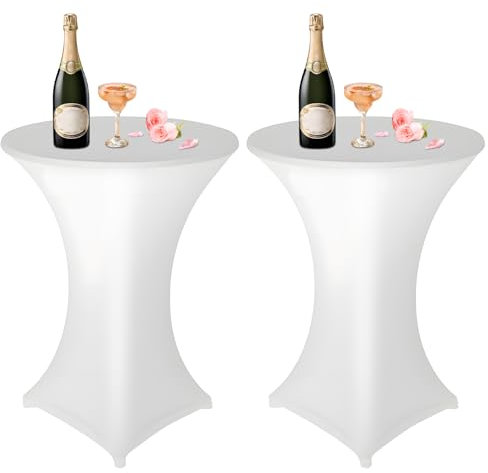 2 er-Set Weiß Stehtisch Stehtischhusse, Ø 80-85 cm Rund Stehtischdecken Elastisch Weiß Stretch Tischdecken mit Fußtaschen, für Bar Runde Tische Hochzeiten Geburtstagsfeiern Bankette-80 x 110 cm