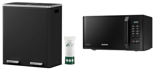 SONGMICS Double Rubbish Bin, 2 x 30L Waste and Recycling Kitchen Bin with 15 Rubbish Bags & Samsung MS23K3513AK Solo Microwave, 23 Litre, Black
