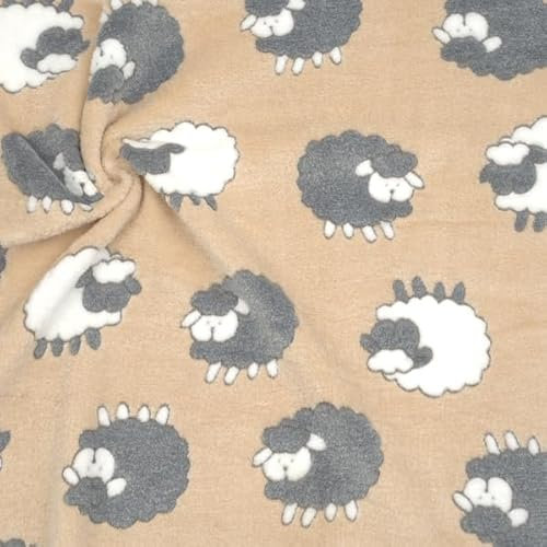 STOFFKONTOR Wellness Fleece Stoff Schafe - Meterware, Farbe Beige - zum Nähen von Bekleidung und Homeaccessoires