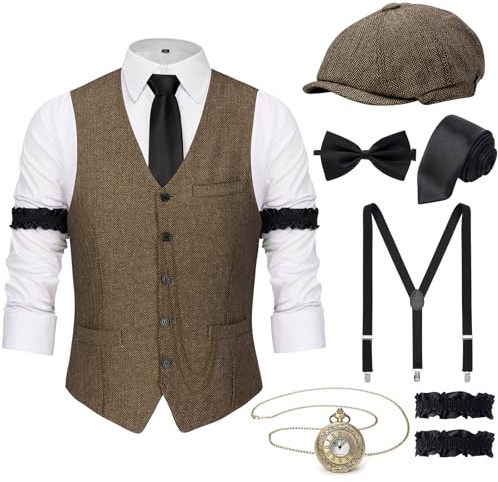 YESSA 20er Jahre Kostüm Herren 20er Jahre Accessoires Gatsby Herren-1920er Hut Weste Taschenuhr Krawatte,20er Herren Outfit