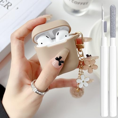 Cute Case for Airpods 2nd/1st Generation Cover for Girl Women with Pom pom Flower Keychain & Cleaner Kit, Soft Silicone Airpods iPod 2nd/1st Gen Protective Cover Skin for Airpods 2/1 Gen, Milk Tea