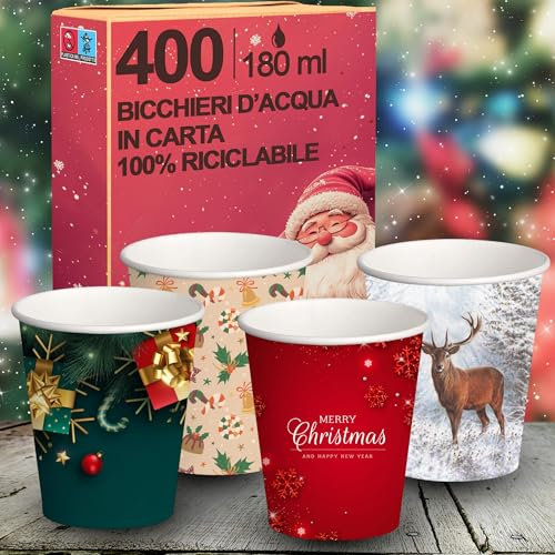 G.M. DISTRIBUZIONE 400 Bicchieri d' Acqua in Carta Natalizi 180 ml, Biodegradabili Biocompostabili, Usa e Getta, 4 Colorazioni, Ideale per Casa, Ufficio, Asporto Bevande Calde Natale