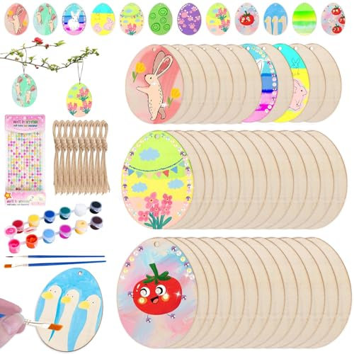 135 Pcs Ostern Basteln Kinder Osterdeko Holz Holzanhänger Ostern Anhänger Holz Ornamente Unvollendete Ostern Basteln DIY Anhänger Osterdeko Basteln mit Ostereier Strass Zwirnen Selbstklebend Frühling