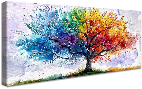 Mit Rahmen Groß Leinwand Bilder Aquarell Lebensbaum Leinwandbilder Bild auf Leinwand Malerei Bunte Bäume Weiße Schneeflocke Bild Wandbilder Heim Wohnzimmer Schlafzimmer Wanddekoration 50x120cm