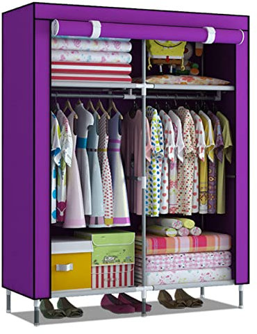 Tragbarer Kleiderschrank aus Segeltuch mit Kleiderstange und Regalen, Stoffschrank für Schlafzimmer und Wohnzimmer, Aufbewahrung, Lila, 90 x 46 x 168 cm