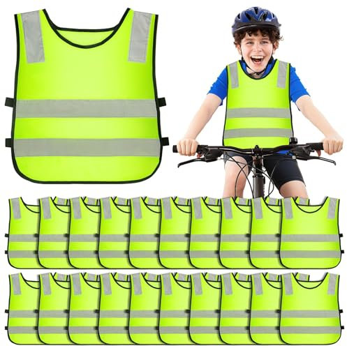 20 Pcs Hi Vis Vests for Kids, Children High Visibility Vest Bulk, Reflective Safety High Vis Vests, Neon Yellow Traffic Safety Jacket for Student Children Kid Running Cycling Skiing