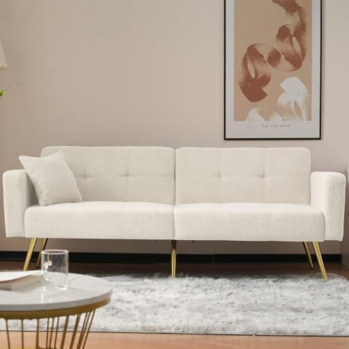 Gelukueub Schlafsofa mit Bettfunktion, verstellbarem Winkel, goldenen Beinen, mit Kissen und seitlichen Aufbewahrungstaschen (White)