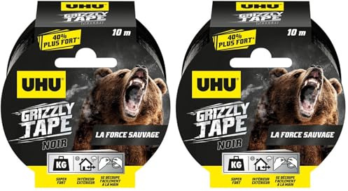 UHU Grizzly Tape – Gewebeklebeband, wasserdicht, zum Reparieren, Konsolidieren, Abdichten, Verbinden, Ultra stark und langlebig, Schwarz, 10 m x 50 mm (Packung mit 2)